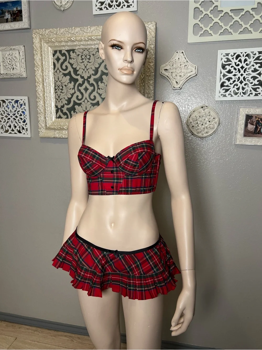 Frederick's of Hollywood Red Plaid Bustier Crop Top & Pleated Mini Skirt Set